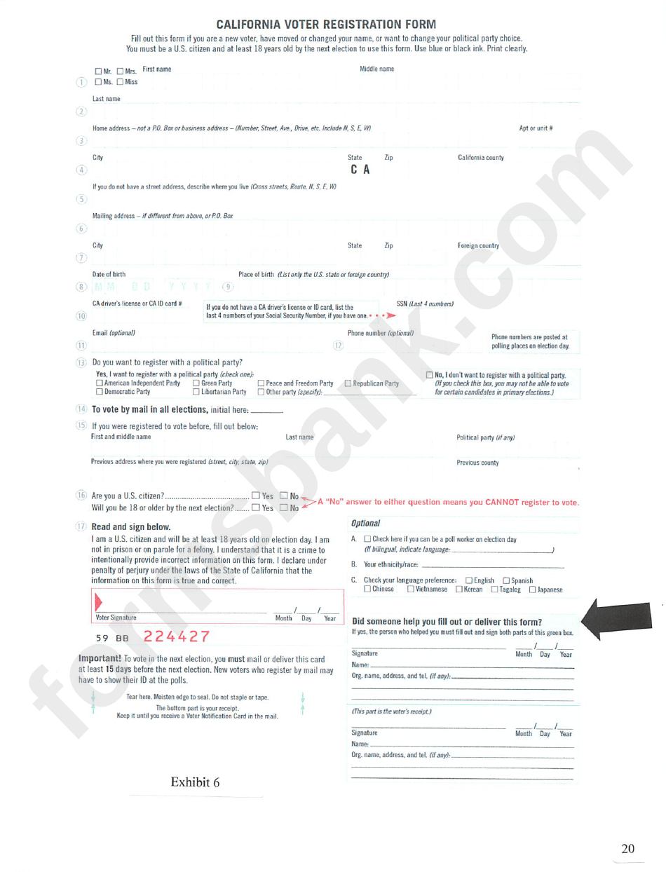 California Voter Registration Form printable pdf download