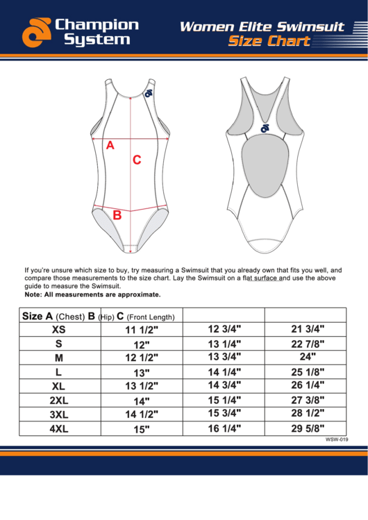Champion System Women Elite Swimsuit Size Chart printable pdf download