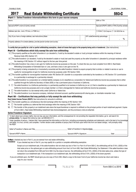 Fillable California Form 593C Real Estate Withholding Certificate