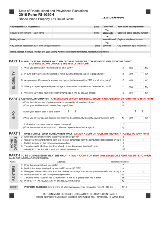 Fillable Form Ri1040h Rhode Island Property Tax Relief Claim 2016