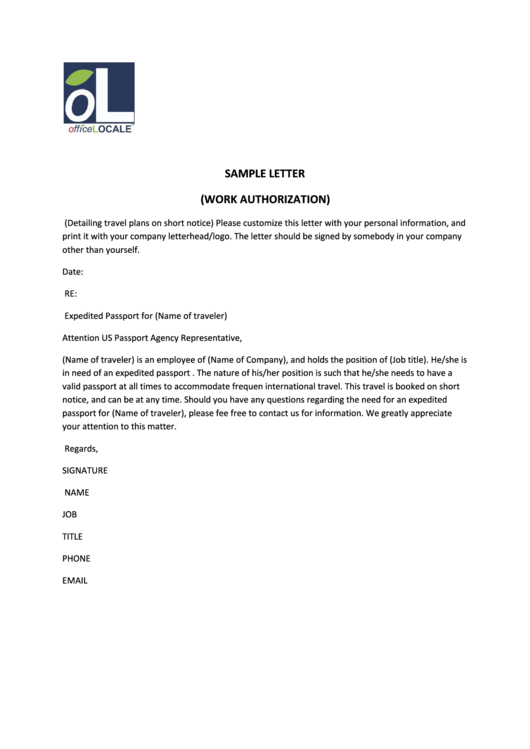 Sample Letter (Work Authorization) printable pdf download