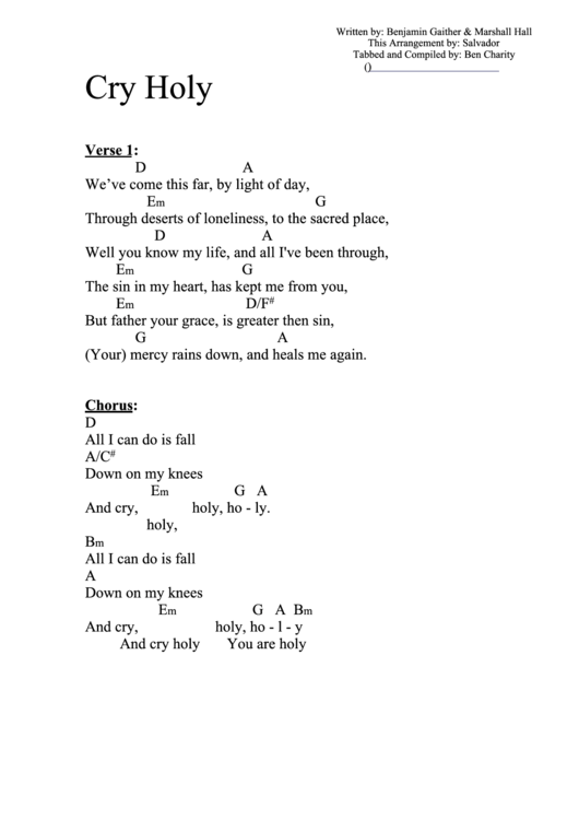 Cry Holy (D) Chord Chart printable pdf download
