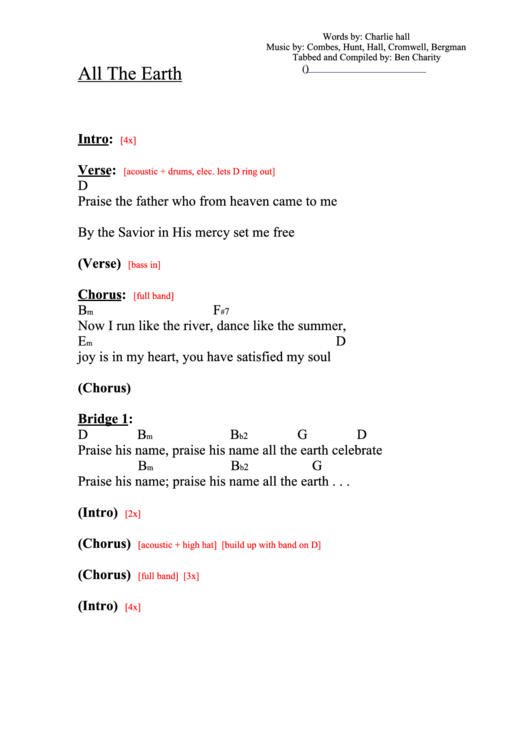 All The Earth (Chords) Chord Chart printable pdf download