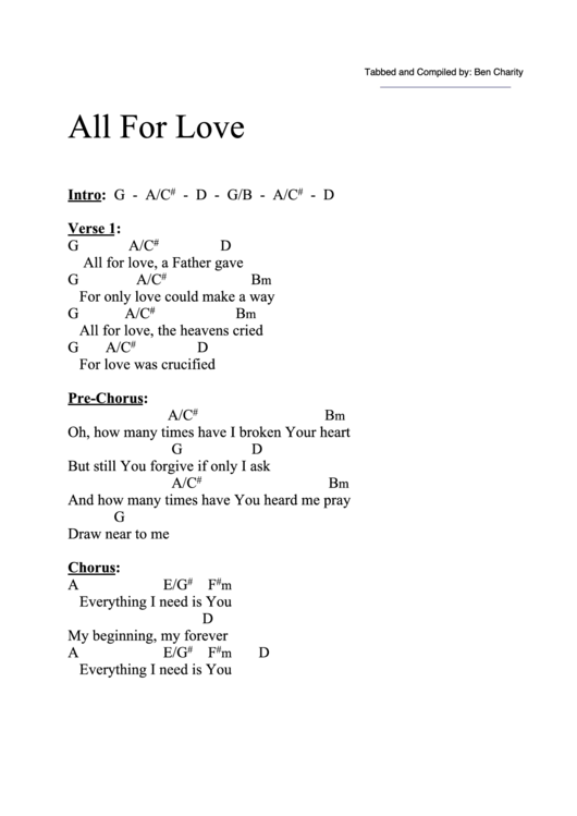 All For Love (D) Chord Chart printable pdf download
