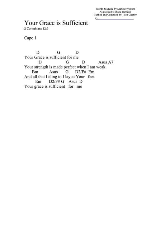 Your Grace Is Sufficient (D) Chord Chart printable pdf download