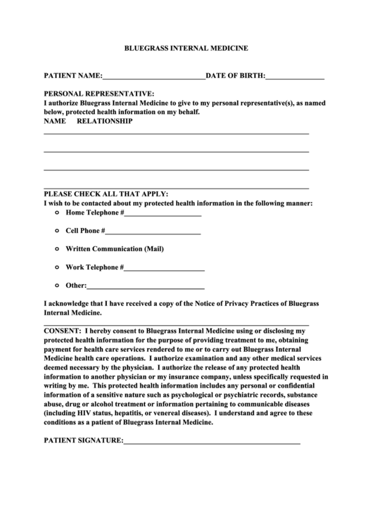 Personal Representative Form Bluegrass Internal Medicine printable