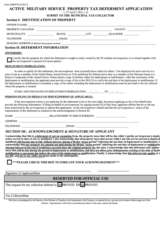 Fillable Active Military Service Property Tax Deferment Application
