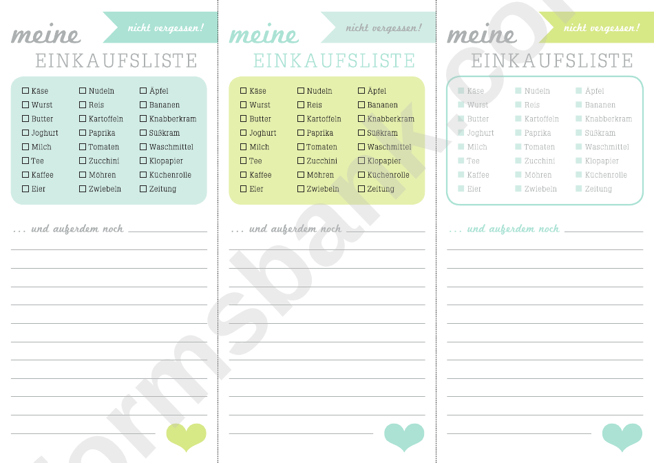 Shopping List Template In German printable pdf download