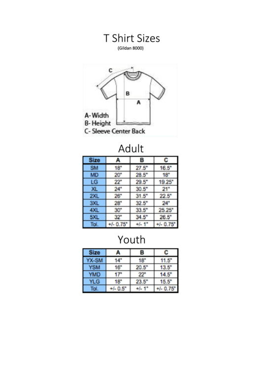 Gildan 8000 T Shirt Size Chart printable pdf download