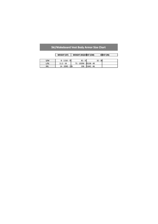 Ndiver Ski/wakeboard Vest Body Armor Size Chart printable pdf download