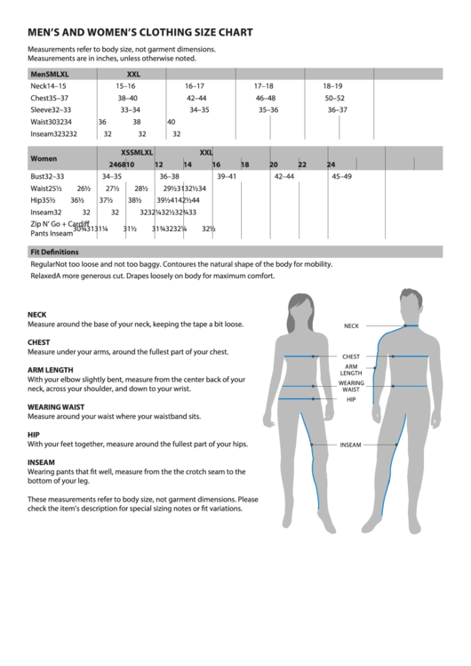Men'S And Women'S Clothing Size Chart printable pdf download