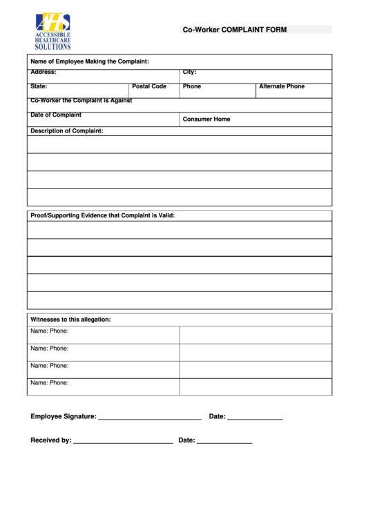 CoWorker Complaint Form printable pdf download