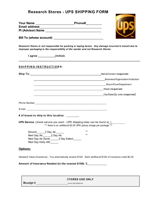 Research Stores Ups Shipping Form printable pdf download