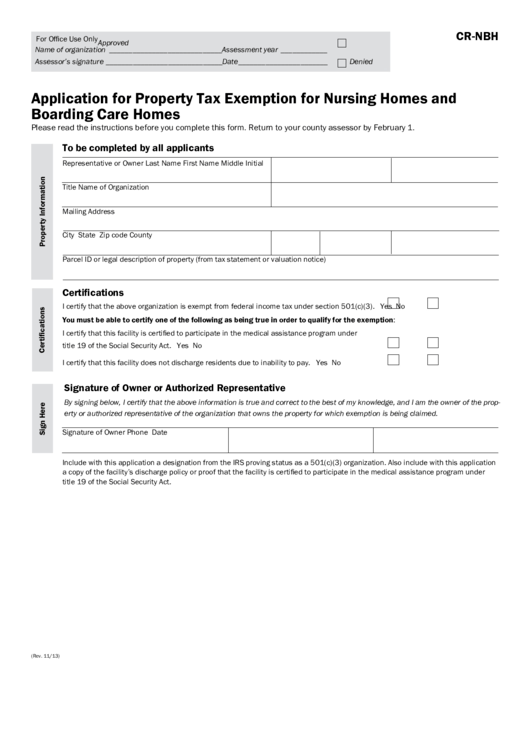 Fillable Application For Property Tax Exemption For Nursing Homes And