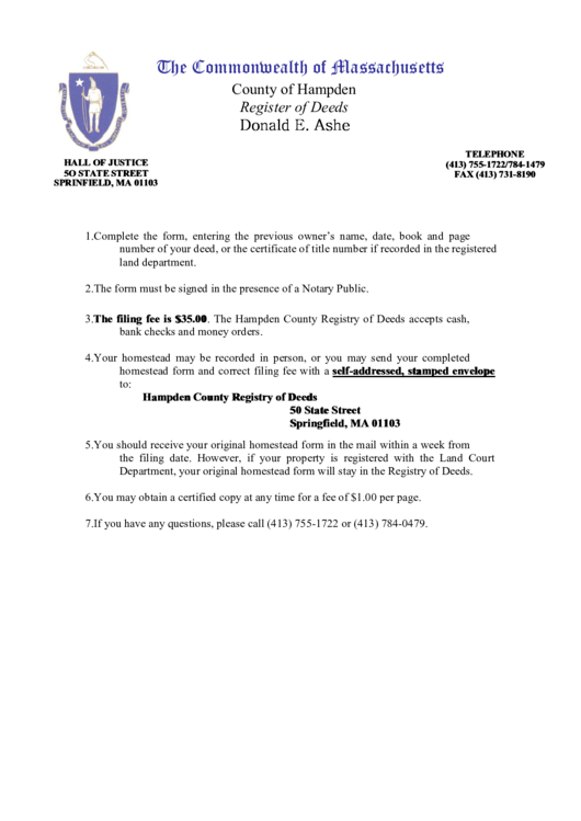 Declaration Of Homestead Hampden County Registry Of Deeds printable