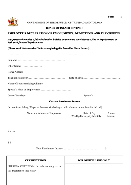 Fillable Employee'S Declaration Of Emoluments, Deductions And Tax