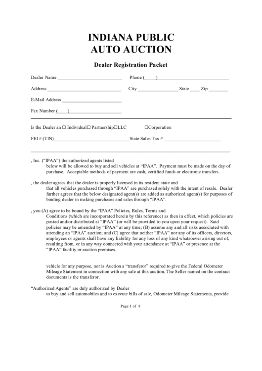 Indiana Public Auto Auction Dealer Registration Packet printable pdf