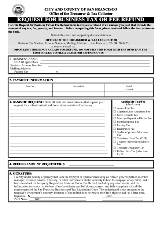 Request For Business Tax Or Fee Refund City And County Of San