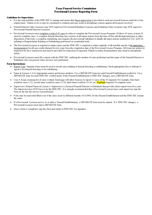 Texas Funeral Service Commission Provisional Licensee Reporting Form