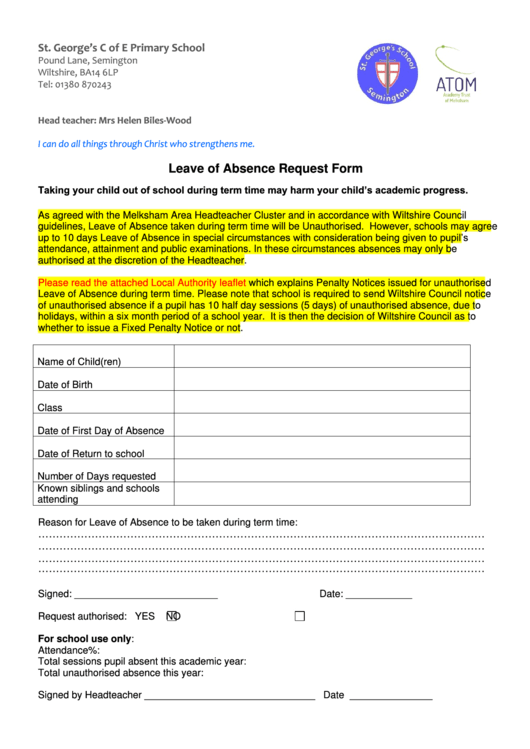 Leave Of Absence Request Form St C Of E Primary School