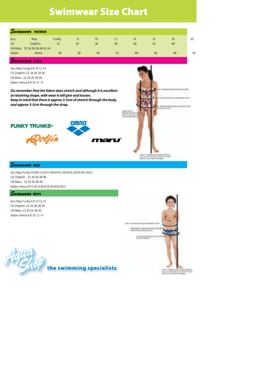 Swimwear Size Chart printable pdf download