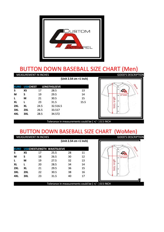 Button Down Baseball Size Chart printable pdf download