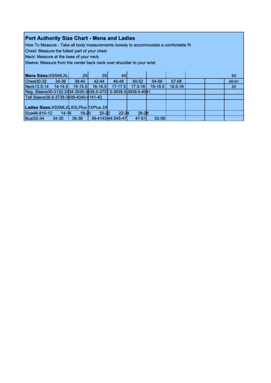 Port Authority Size Chart - Mens And Ladies printable pdf download