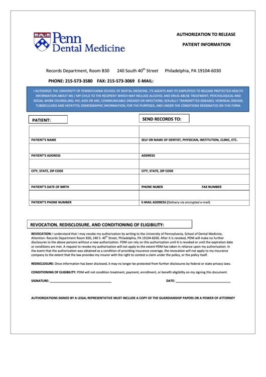 Authorization To Release Patient Information Penn Dental Medicine