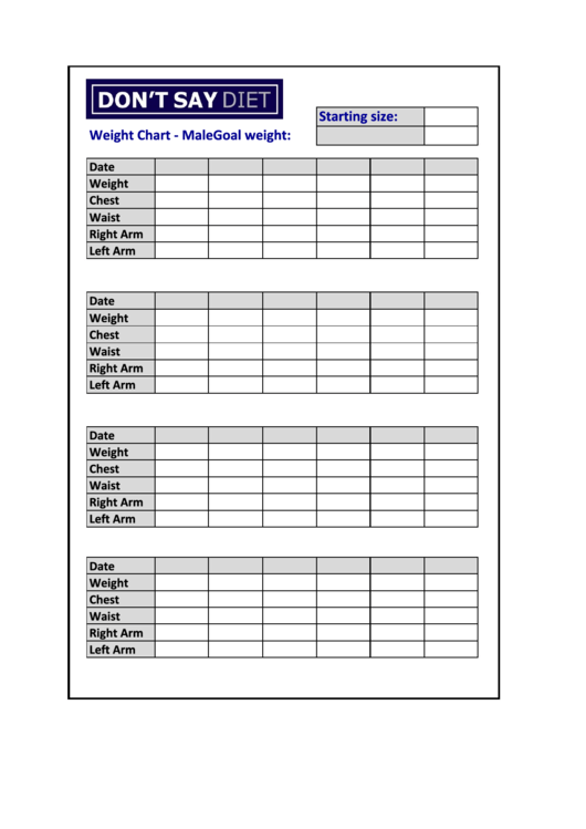 Starting Size Weight Chart Male Goal Weight Don'T Say Diet printable pdf download