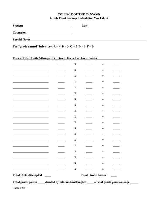 Gpa Calculation Worksheet College Of The Canyons printable pdf download