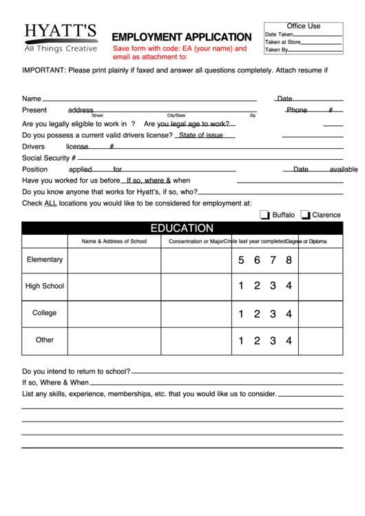Fillable Hyatt'S Employment Application Form printable pdf download