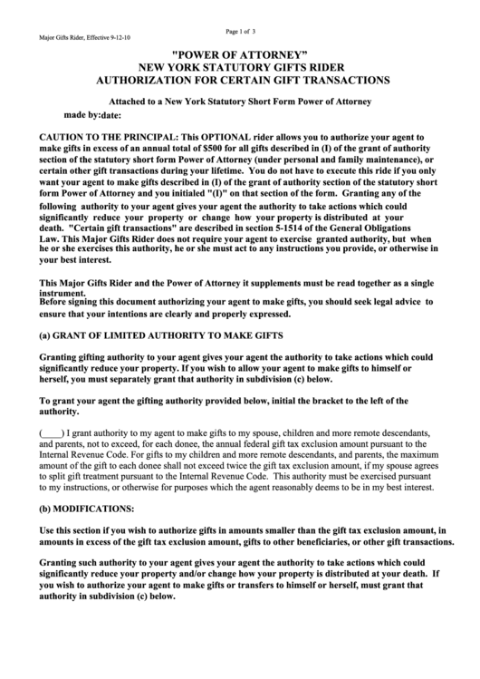 "Power Of Attorney" New York Statutory Gifts Rider Authorization For