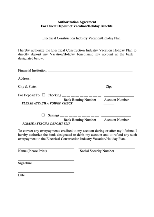 Authorization Agreement Template For Direct Deposit Of Vacation/holiday