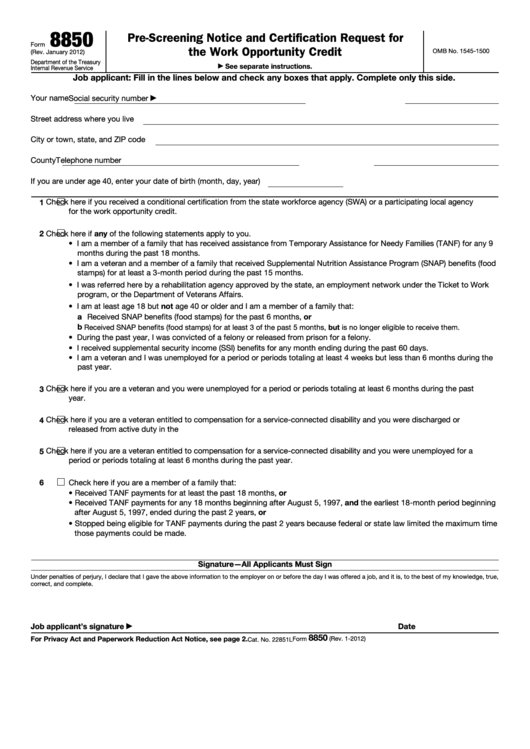 Fillable Form 8850 (Rev. January 2012) PreScreening