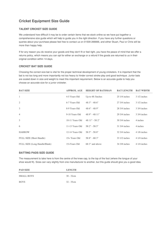 Cricket Equipment Size Guide printable pdf download