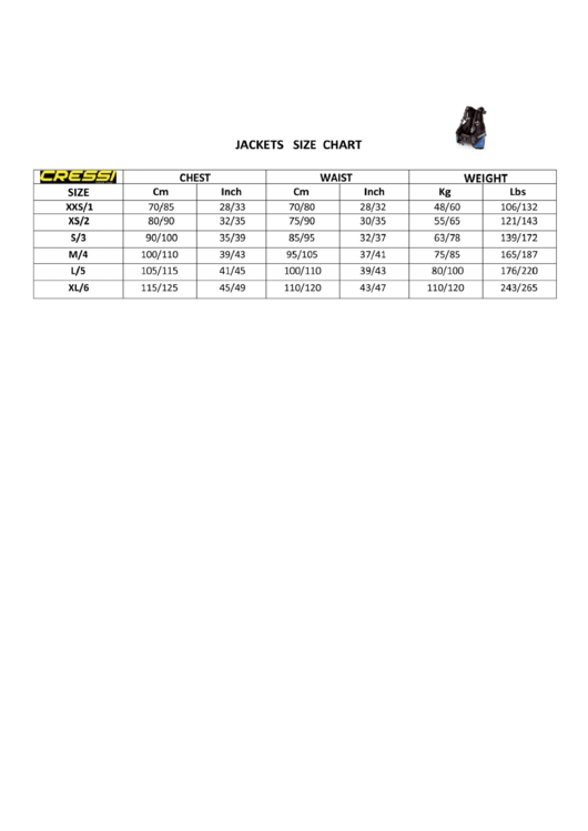 Cressi Jackets Size Chart printable pdf download