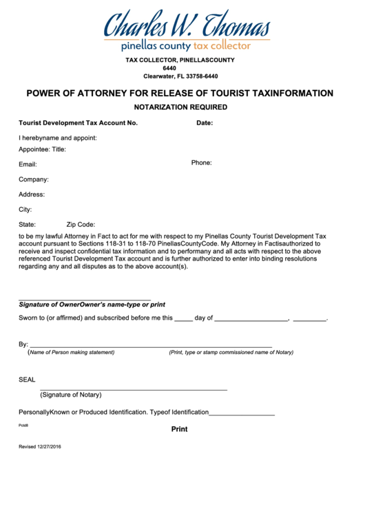 Fillable Power Of Attorney Form Pinellas County Tax Collector