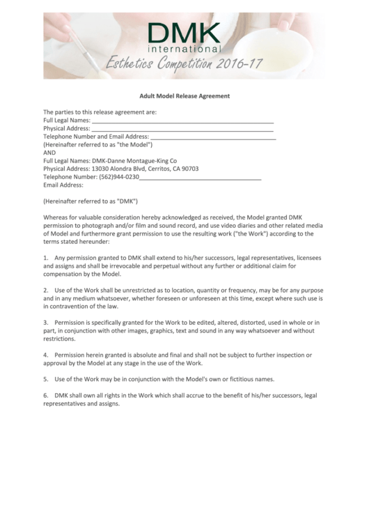 Adult Model Release Agreement printable pdf download