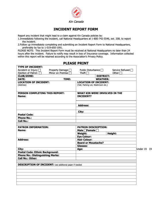 Incident Report Form Please Print Kin Canada printable pdf download
