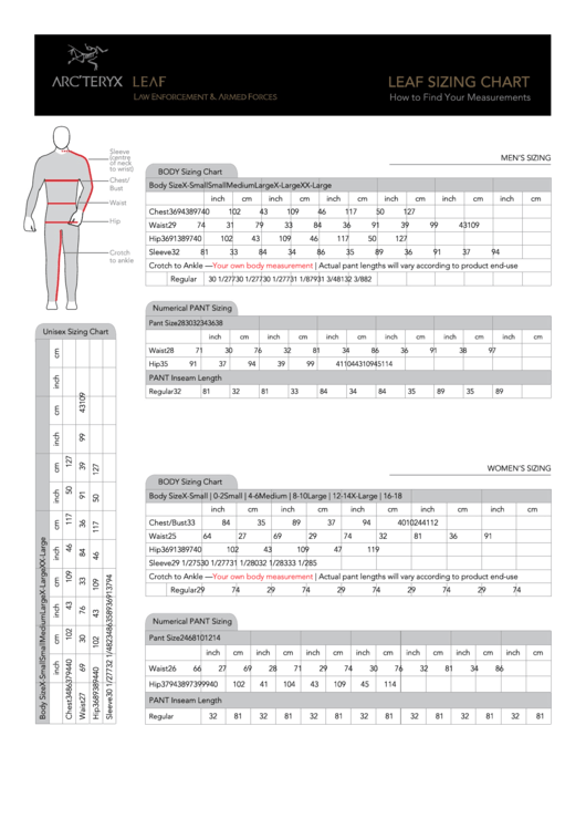 Leaf Sizing Chart Arc'Teryx printable pdf download