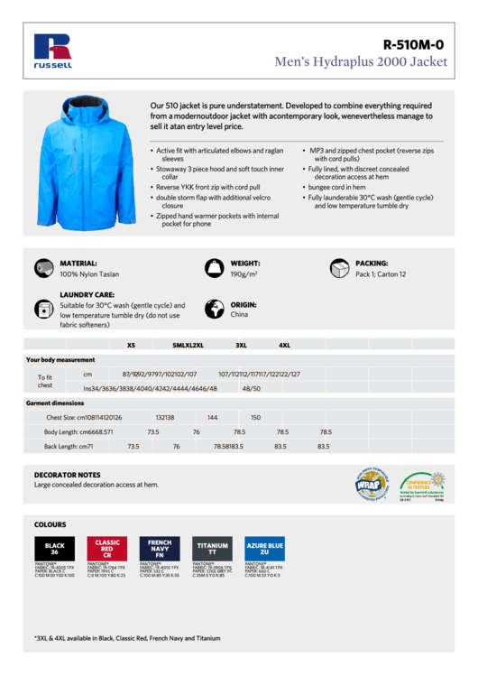 Russell Men'S Jacket Size Chart printable pdf download