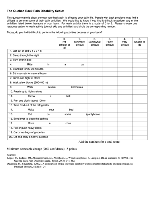 The Quebec Back Pain Disability Scale printable pdf download
