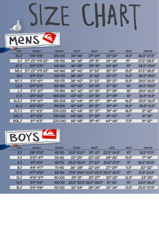 Quiksilver Wetsuit Size Chart printable pdf download