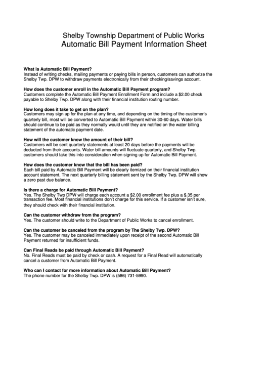 Automatic Bill Payment Information Sheet Shelby Township printable