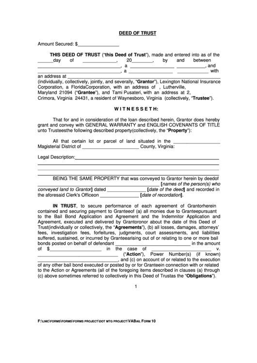 Virginia Deed Of Trust Form Lexington National Insurance printable pdf download