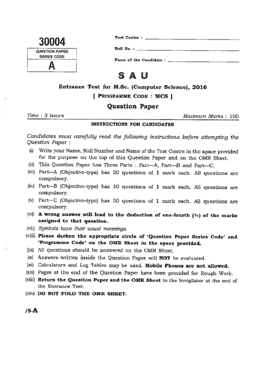Entrance Test For Computer Science printable pdf download