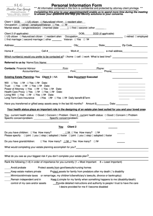 Personal Information Form Streeter Law Group printable pdf download