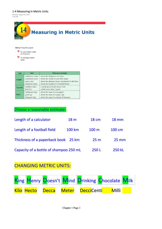 'Measuring In Metric Units' Math Worksheet printable pdf download