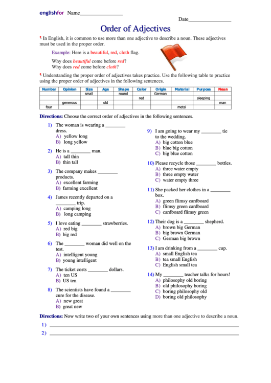 'Order Of Adjectives' English Worksheet printable pdf download