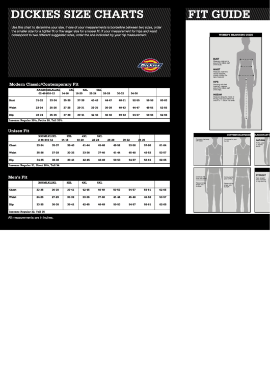 Dickies Size Charts & Fit Guide printable pdf download